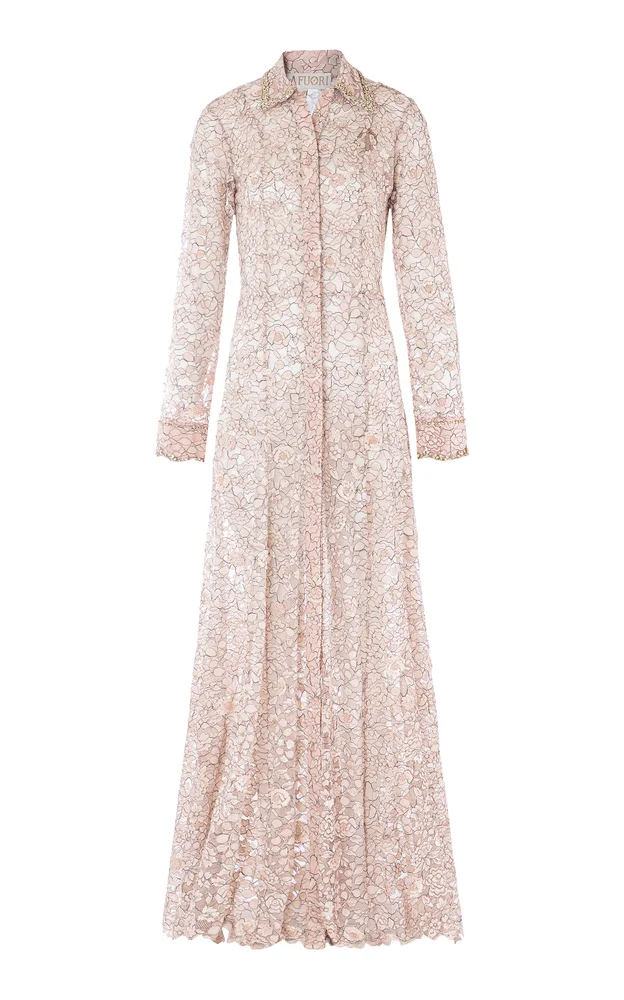 Ballet Rose Embellished Lace Maxi Shirt Dress