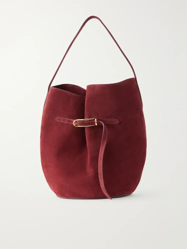 Belted Bucket suede shoulder bag