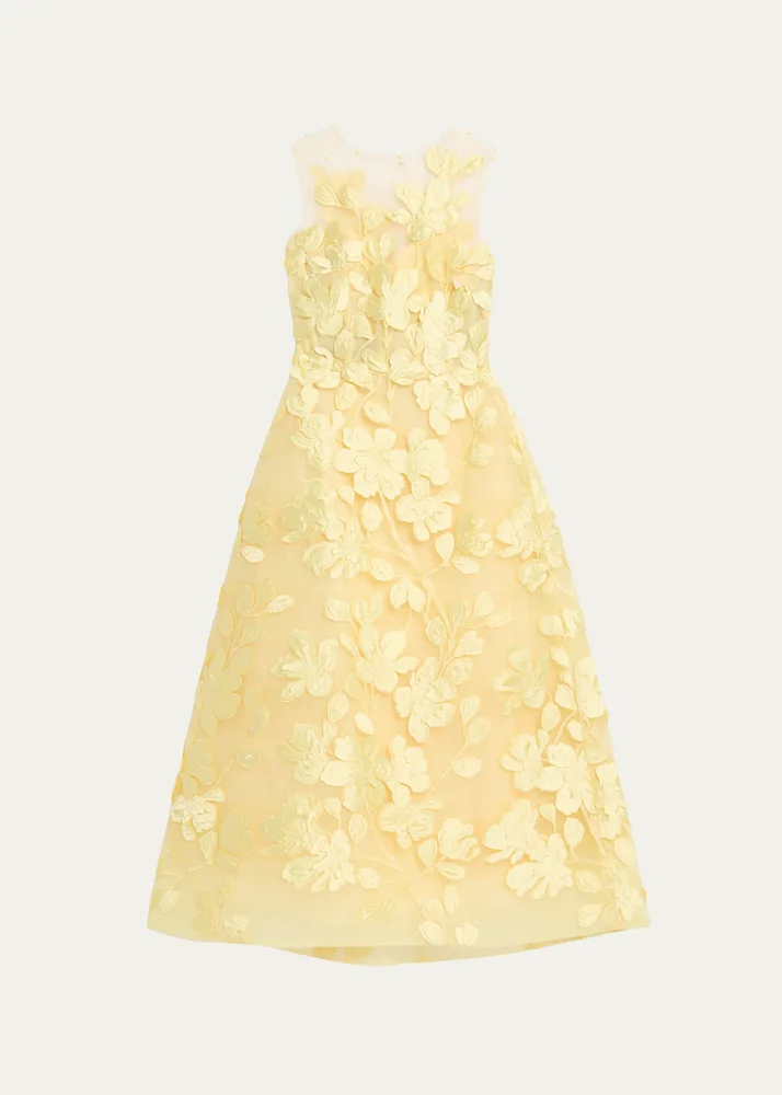 Sleeveless Floral Tulle Illusion Tea-Length Dress