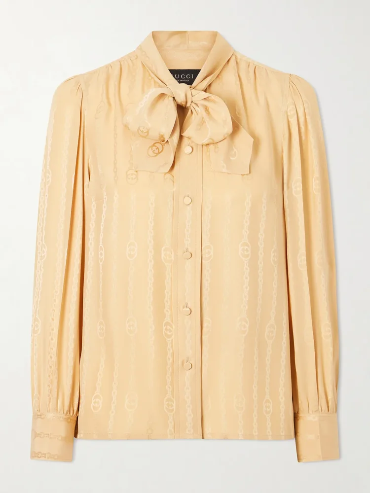 pussy bow logo jacquard silk shirt