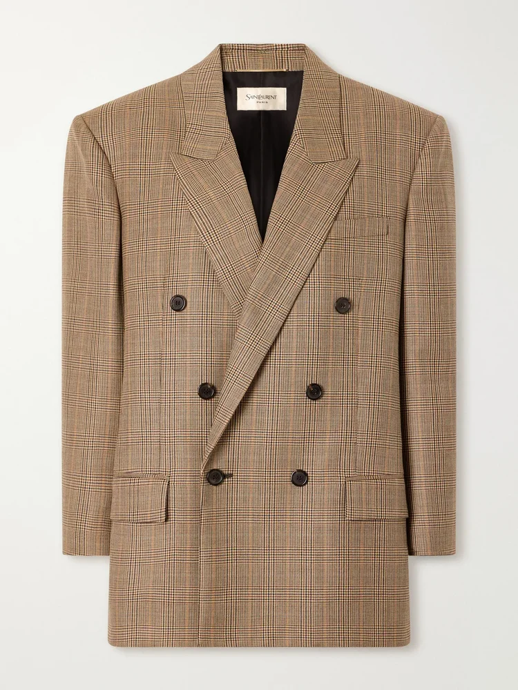Double-breasted Prince of Wales checked wool blazer