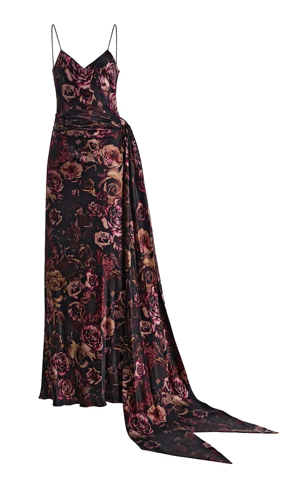 Rose-Print Silk-Satin Slip Scarf Gown