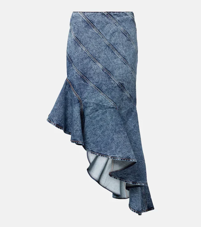 Spiral asymmetric denim midi skirt