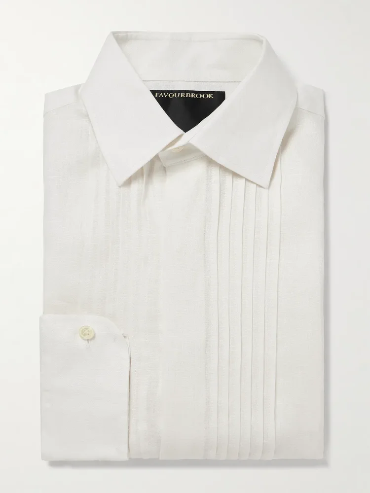 Classic-Collar Pintucked Linen Tuxedo Shirt