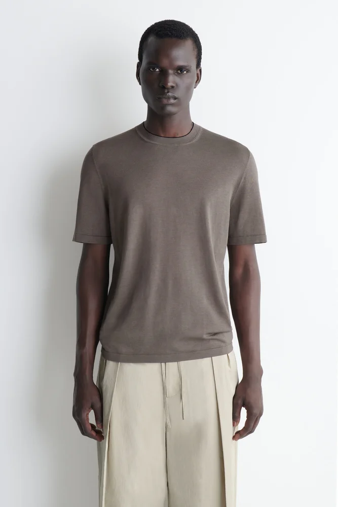 Contrast-Tipped Silk-Cotton T-Shirt - Beige