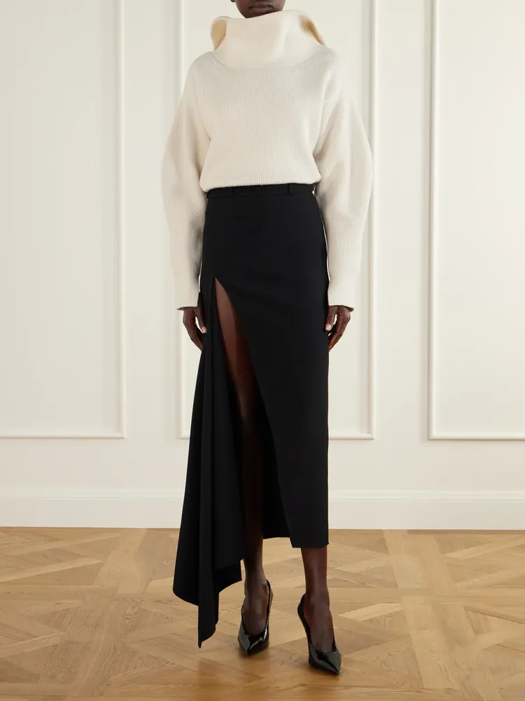 Asymmetric wool midi skirt