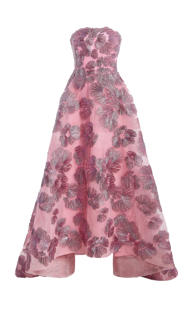 Embroidered Strapless High-Low Maxi Dress