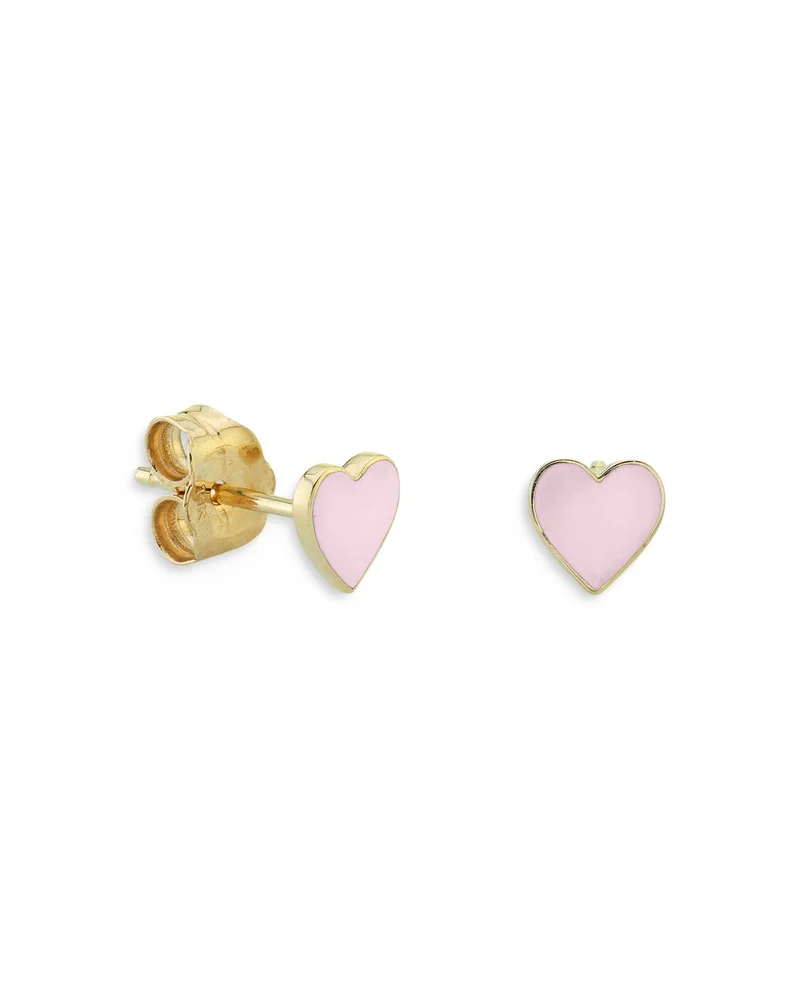 14K Yellow Gold Pink Mini Heart Stud Earrings