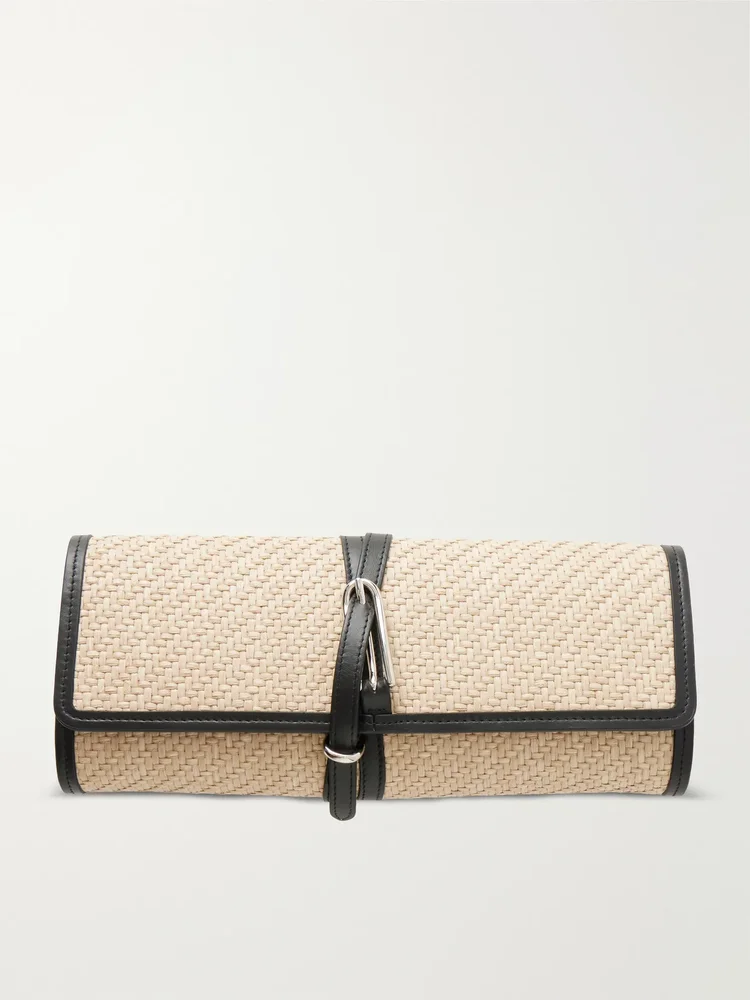 Leather-trimmed raffia clutch