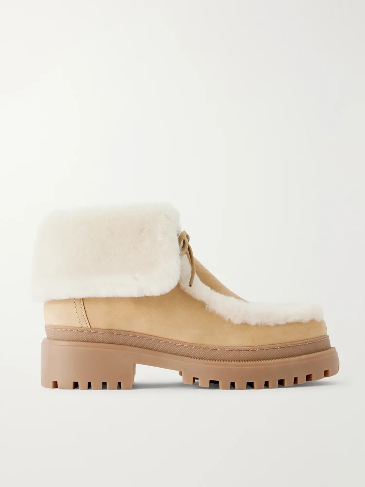 Brushed shearling-trimmed suede ankle boots