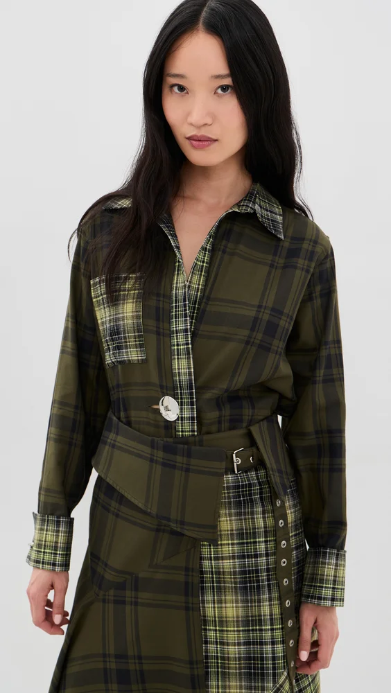 Plaid Overlapping Front Tailored Button Down Shirt
