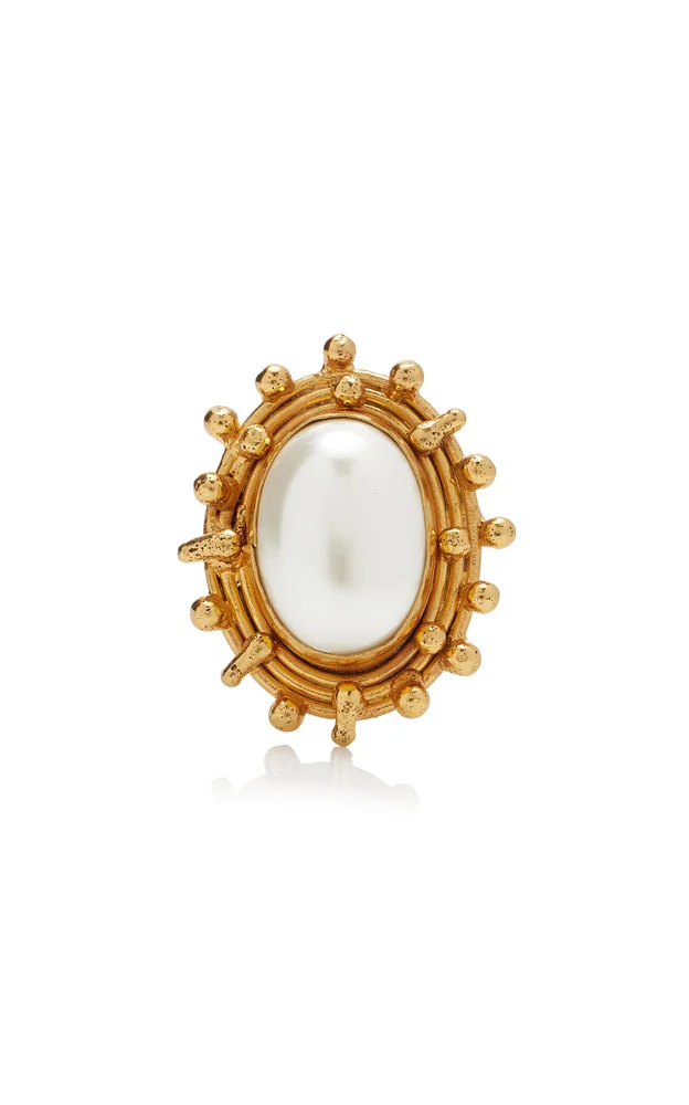 Stone Dots 22K Gold-Plated Pearl Ring