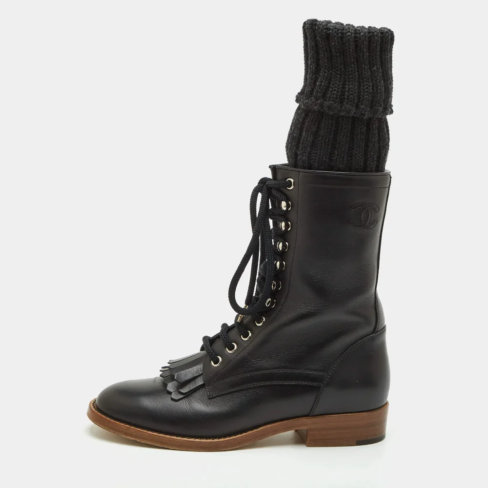 CC Size 37 Black Leather Sock High Combat Boots