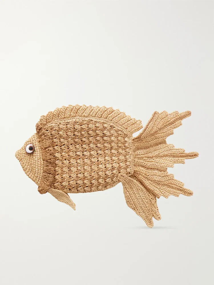 Fish raffia and leather-trimmed clutch