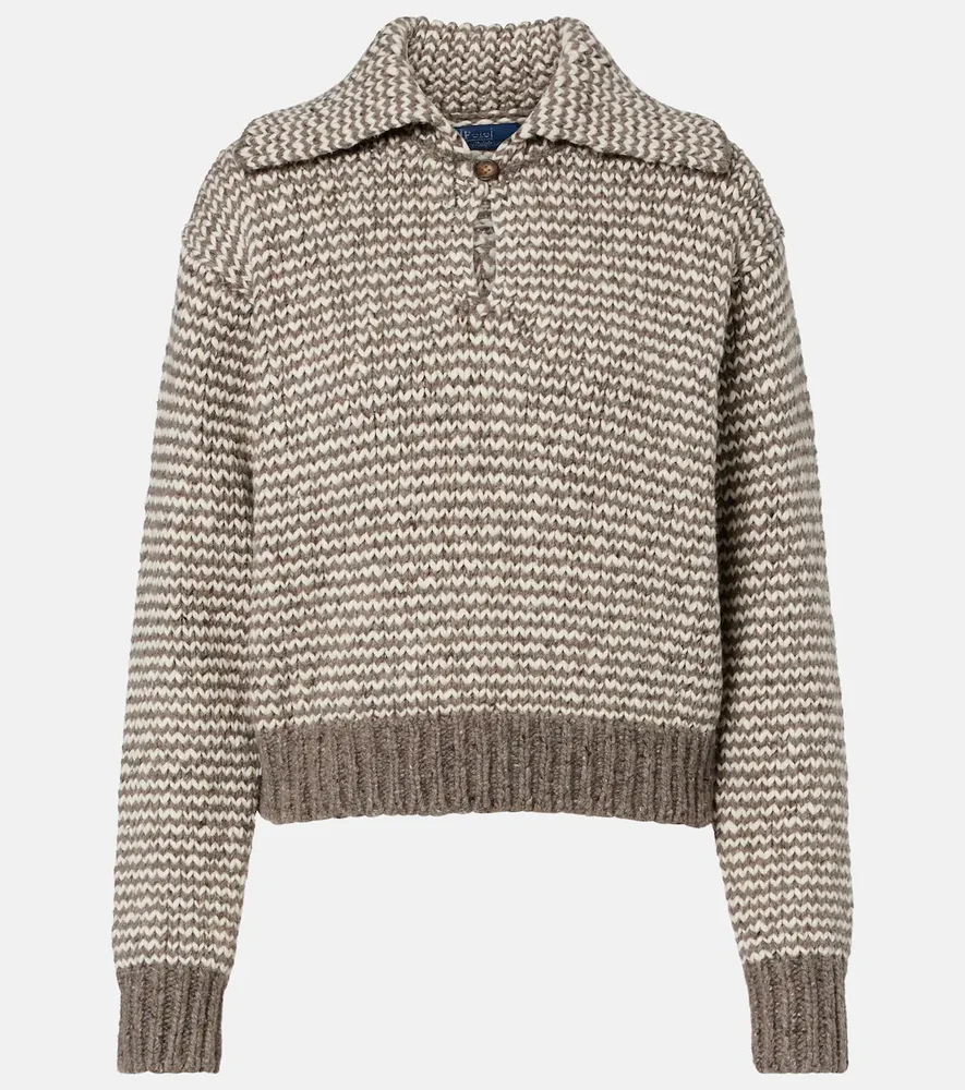 Striped cotton and wool-blend polo sweater