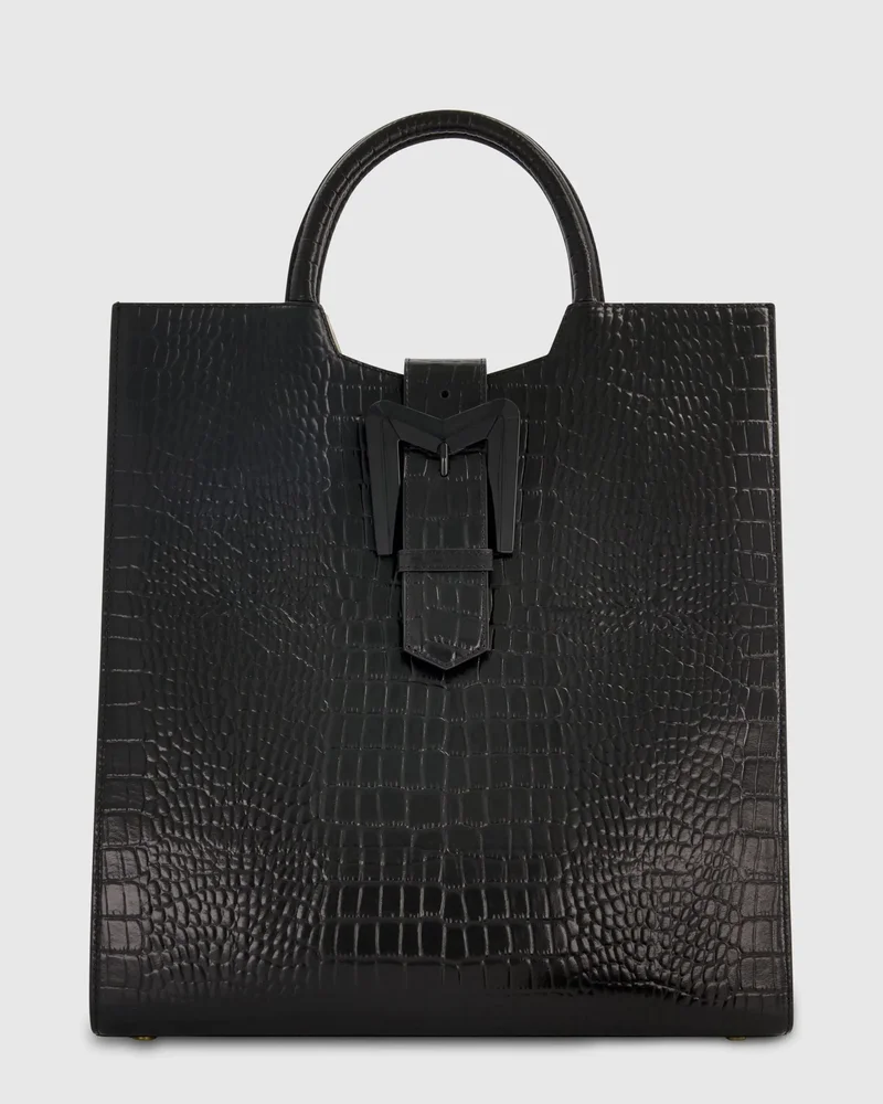 Black Maxi Croc Embossed Leather Tote Bag
