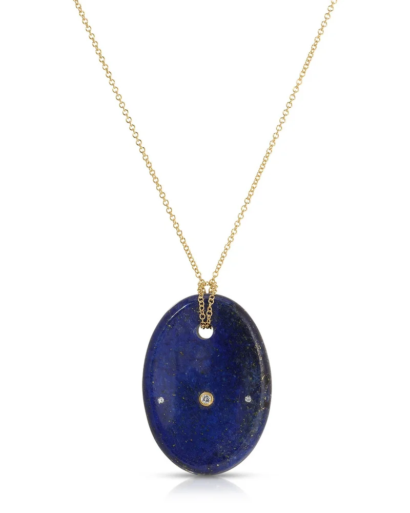 14K Yellow Gold Lapis & Diamond Oval Aura Pendant Necklace, 26"
