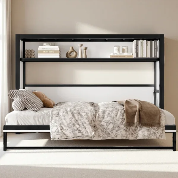 Twin Size Murphy Bed with Shelves and USB, Foldable Space-Saving Metal Wall Bed Frame