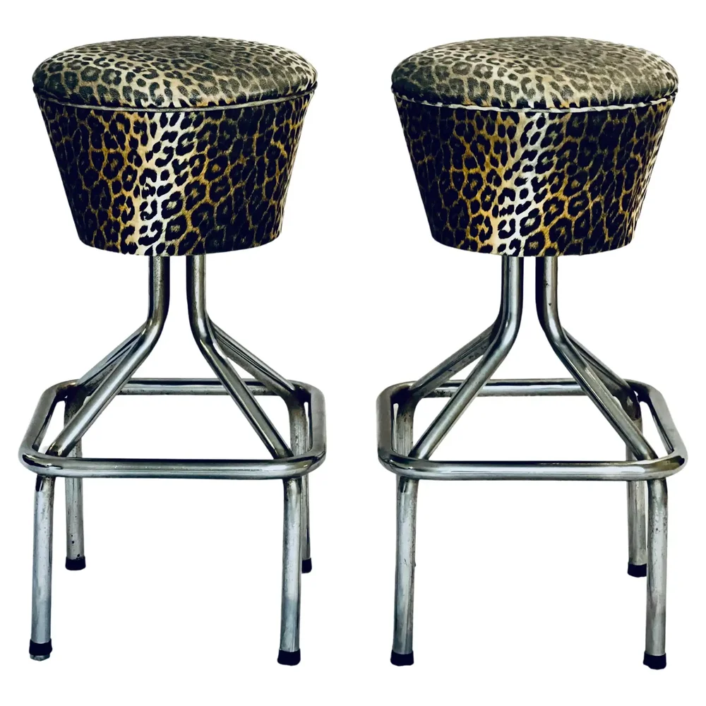 Chrome Faux Leopard Swivel Bar Stools (pair)