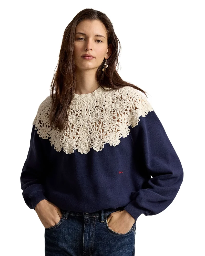 Cotton Blend Crochet Yoke Fleece Pullover