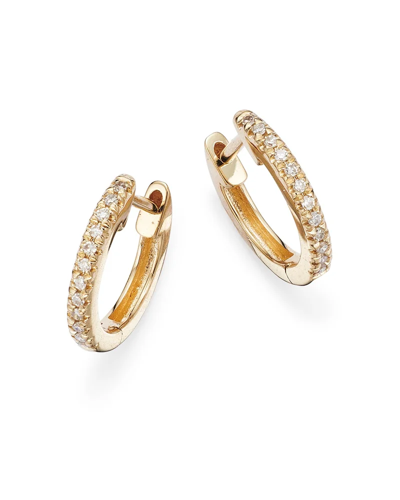 14K Yellow Gold Diamond Small Huggie Hoop Earrings