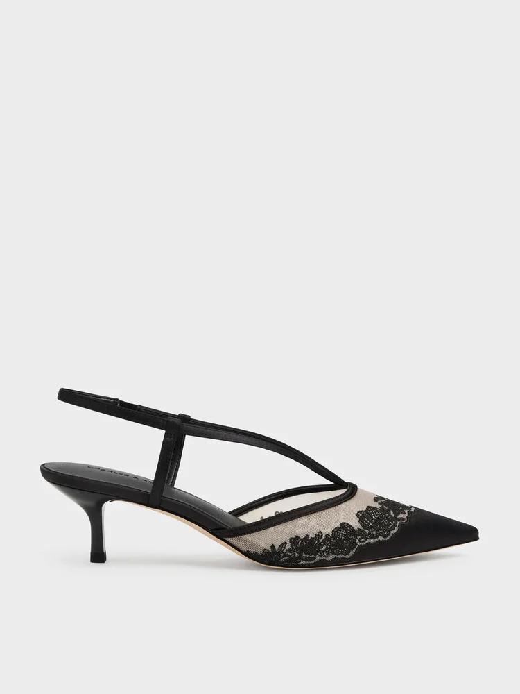 Satin Embroidered-Mesh Slingback Kitten Heels, Black Textured