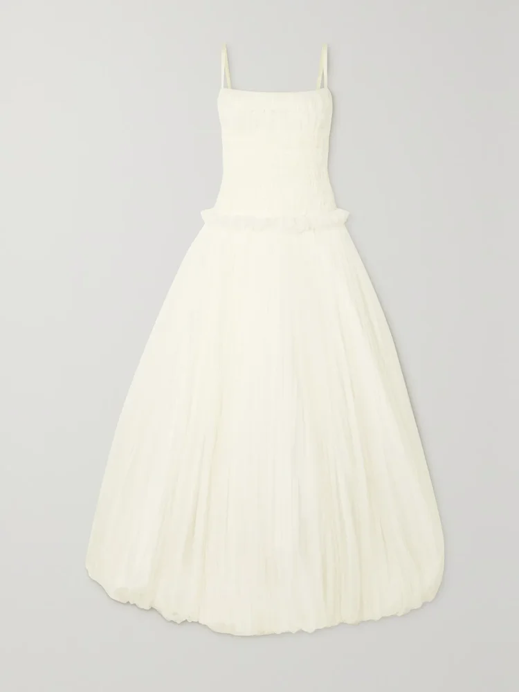 Guinevere shirred grosgrain-trimmed tulle gown