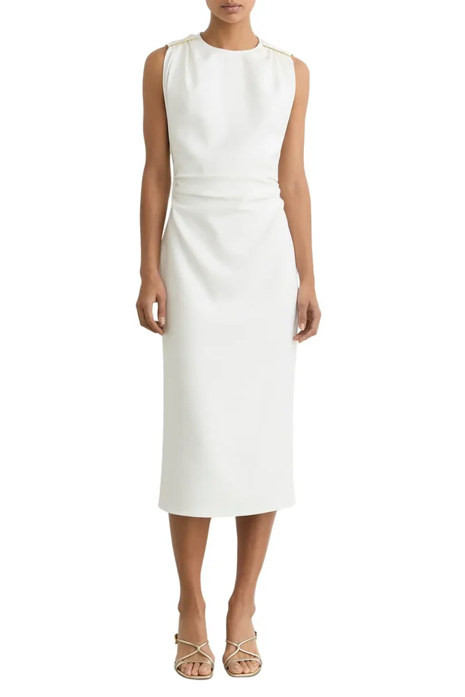 Bronte Ruched Sleeveless Midi Dress (Ivory)