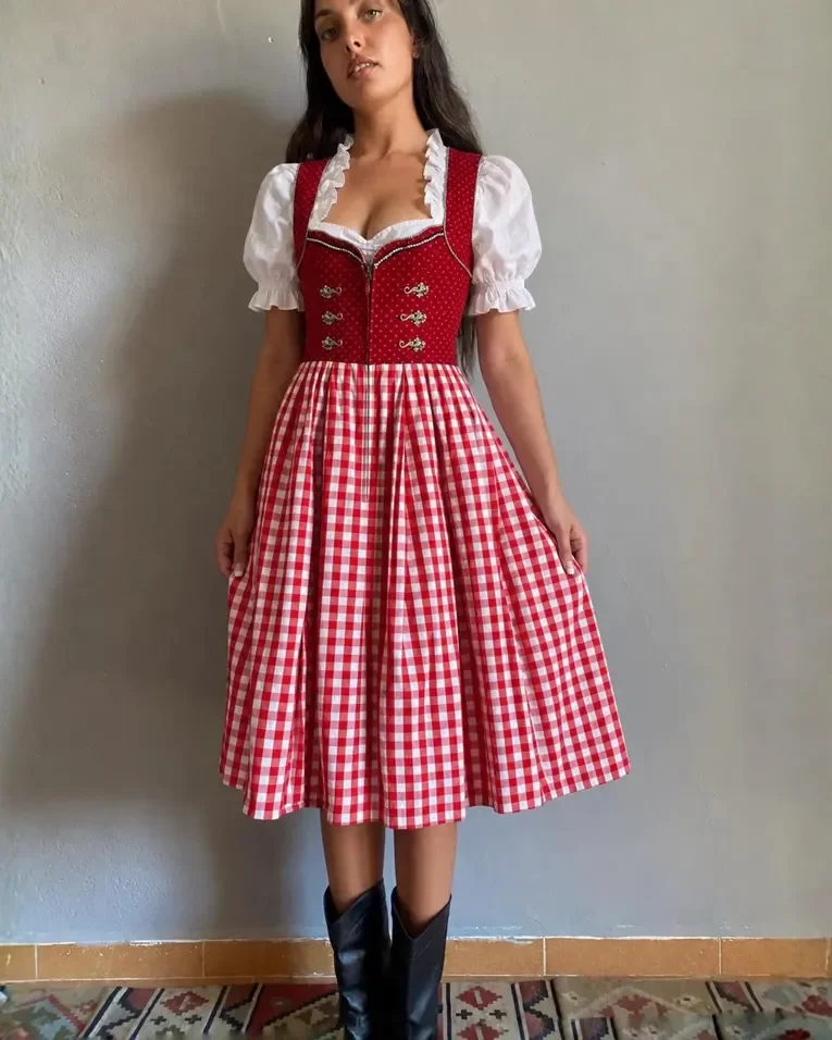 Vintage Austrian Hammerschmid Dirndl Set, Cherry Corset, Gingham Skirt, White Blouse