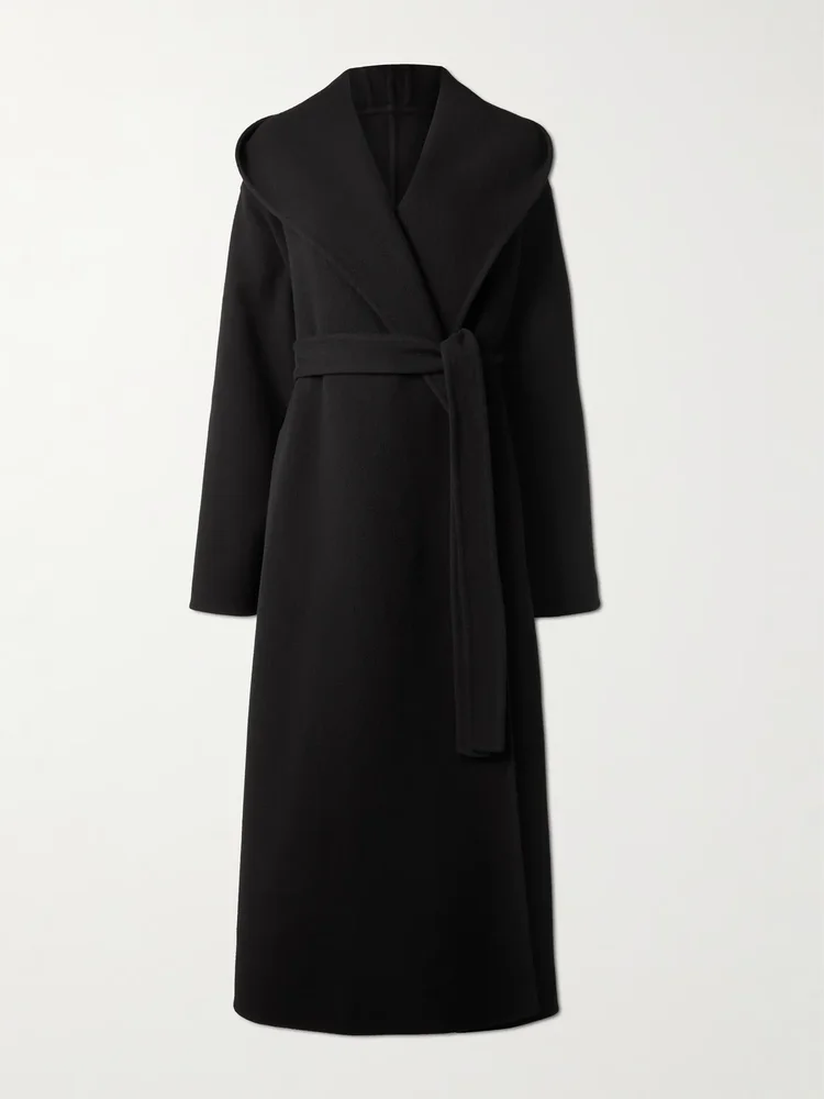 Hooded belted wool coat