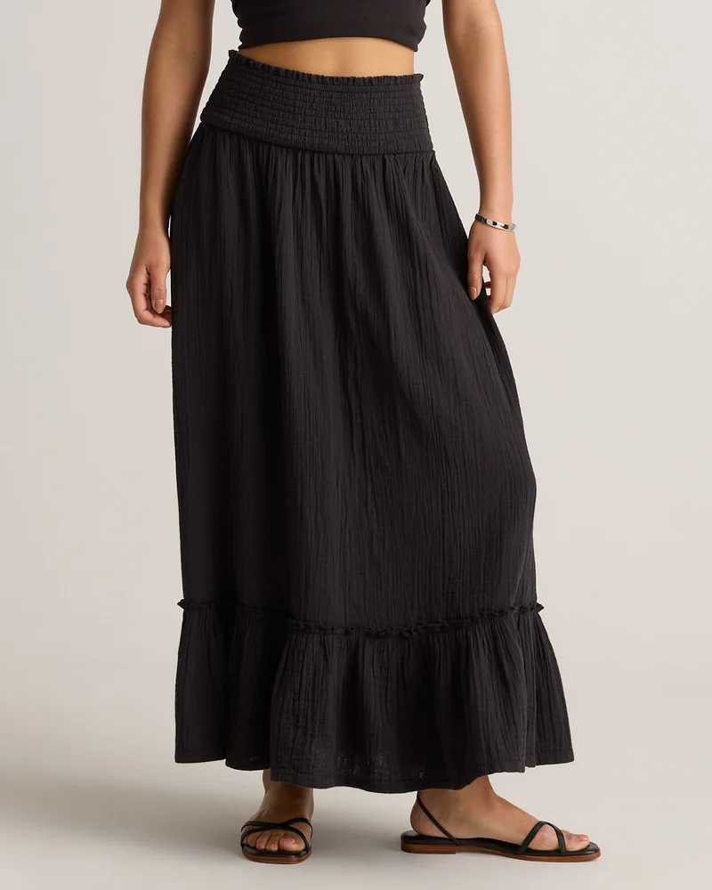 Organic Cotton Gauze Smocked Maxi Skirt in Black