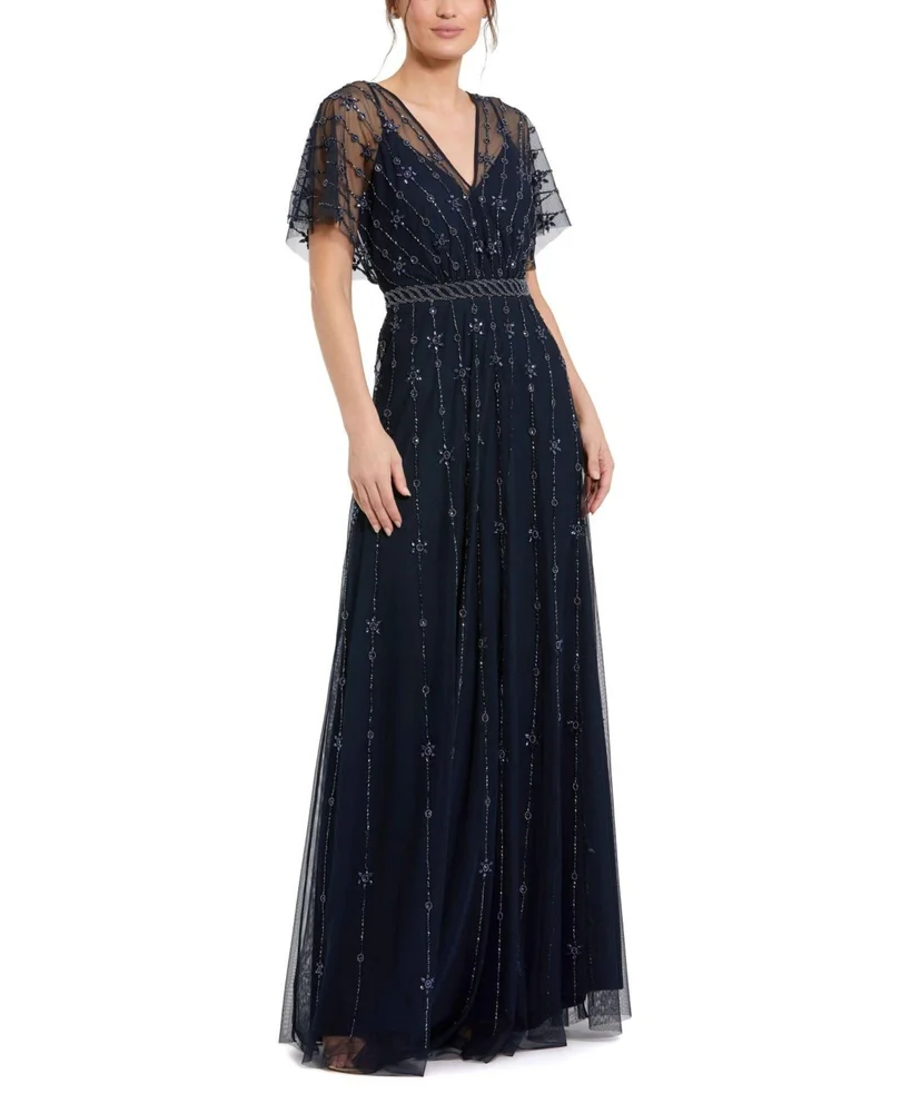 V Neck Embellished Flutter Sleeve A Line Gown