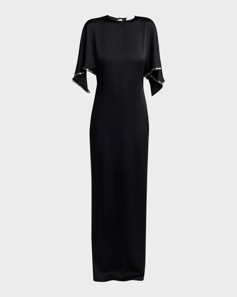 Embellished Flutter-Sleeve Satin Column Gown