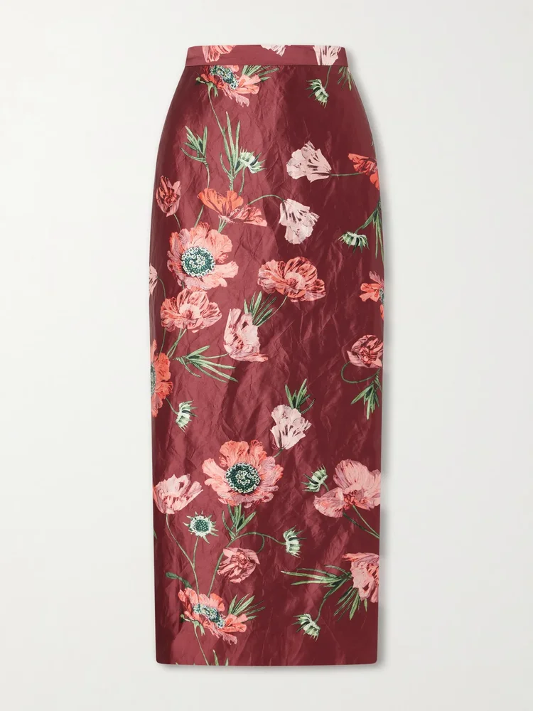 Floral-printed satin midi pencil skirt