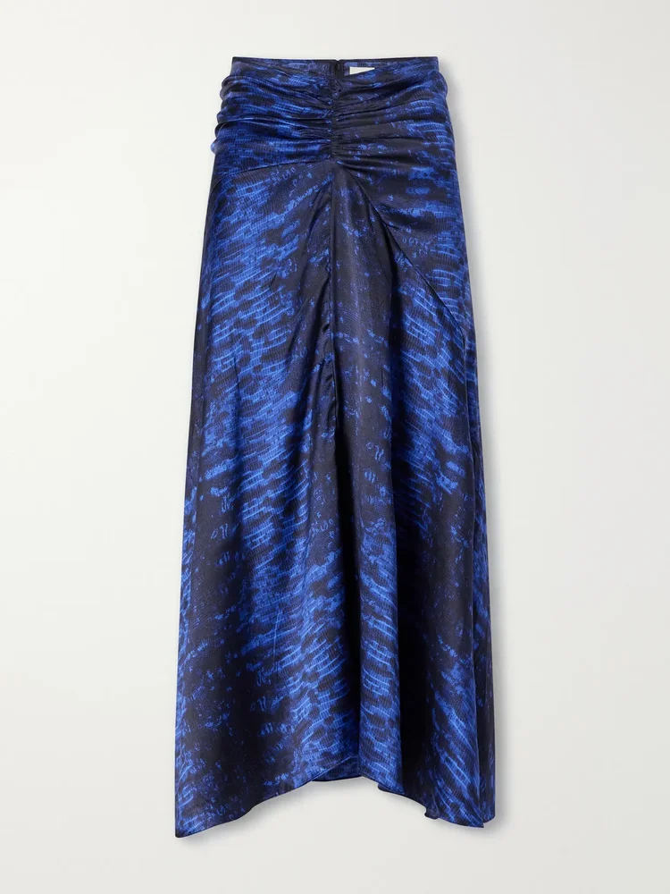 Laren gathered printed silk-satin midi skirt