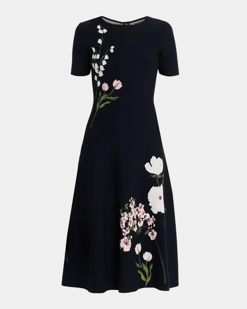 Short-Sleeve Multi Floral Knit Midi Dress