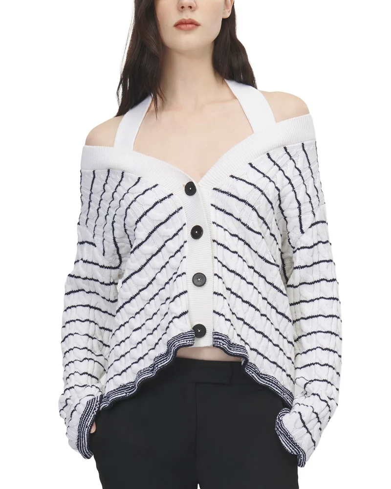 Wool Off-the-Shoulder Striped Cardigan