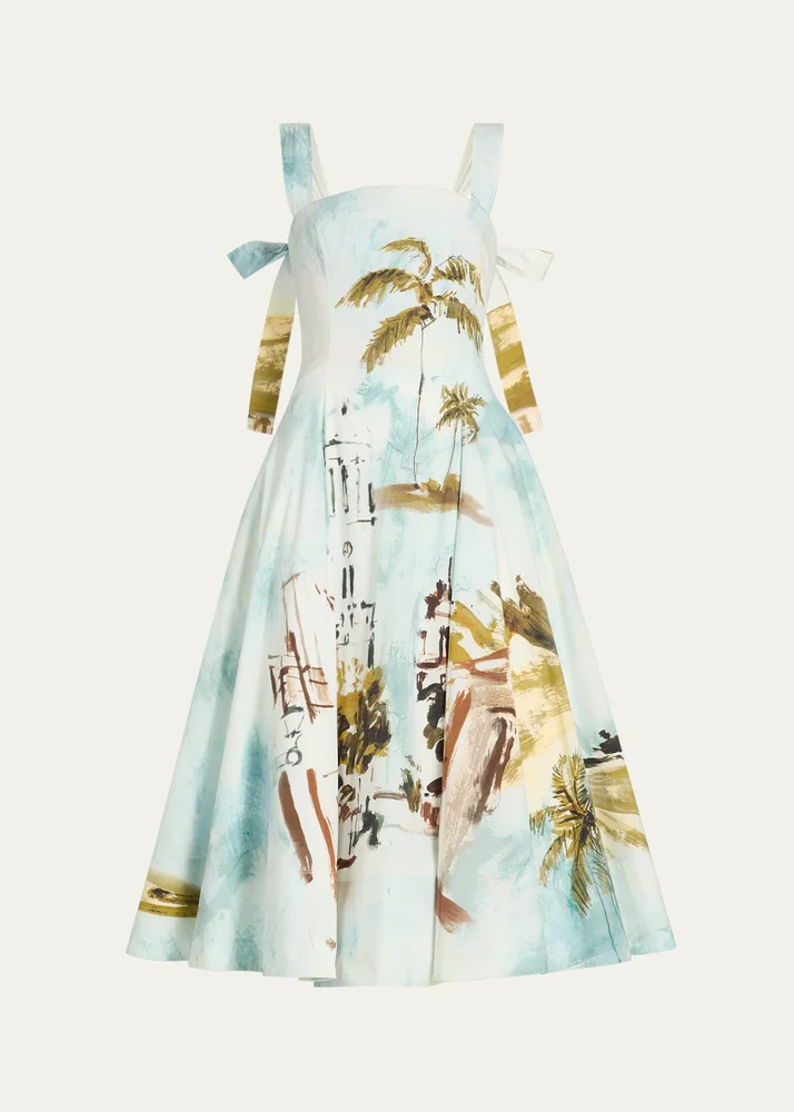 Sleeveless Landscape-Print Poplin Midi Dress