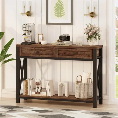 Aust 47.24'' Console Table With Drawers, Wood And Metal Sofa Table For Living Room, Industrial 2 Tier Entryway Table For Hallway, Foyer, Front Door, Entrance (Rustic Oak)