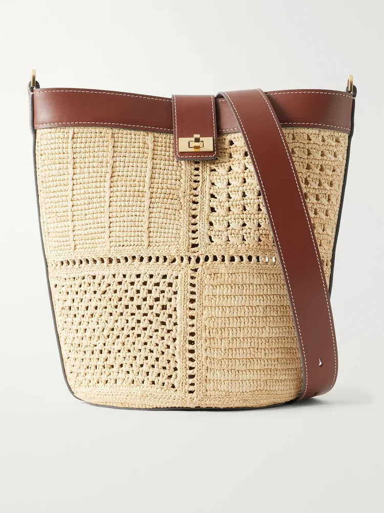 Leather-trimmed raffia crossbody bag