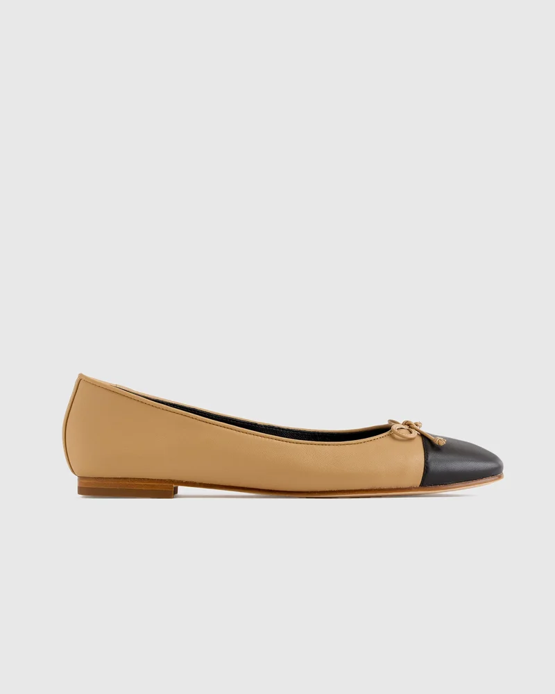 Italian Leather Cap-Toe Ballet Flat in Bone/Black