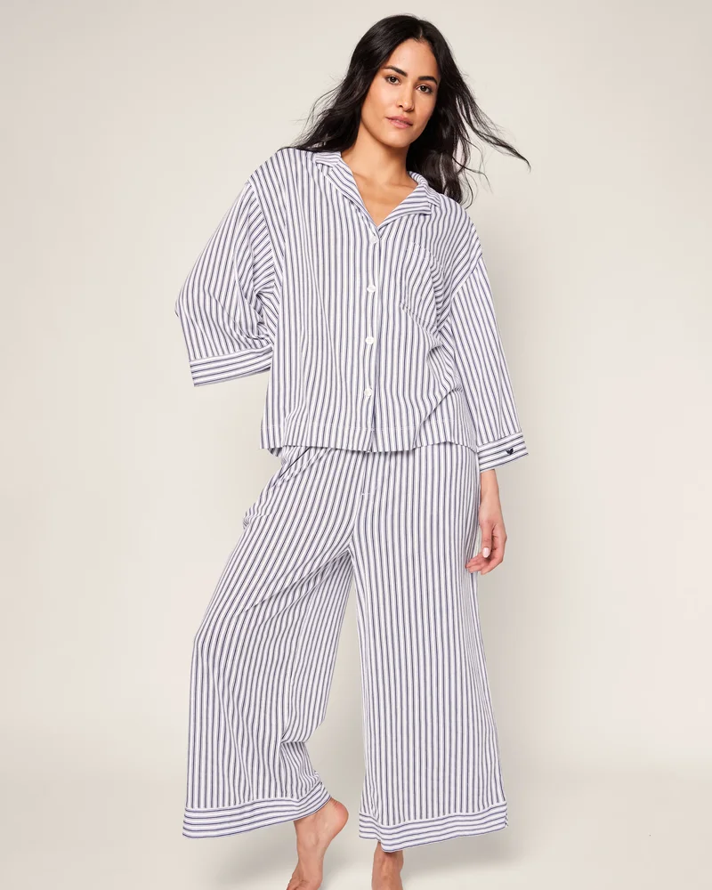 Petite Plume The Olivia Wide Leg Pima Pajama Set in Navy French Ticking