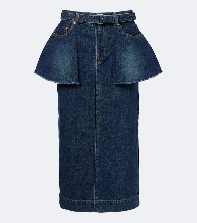 Belted peplum denim midi skirt