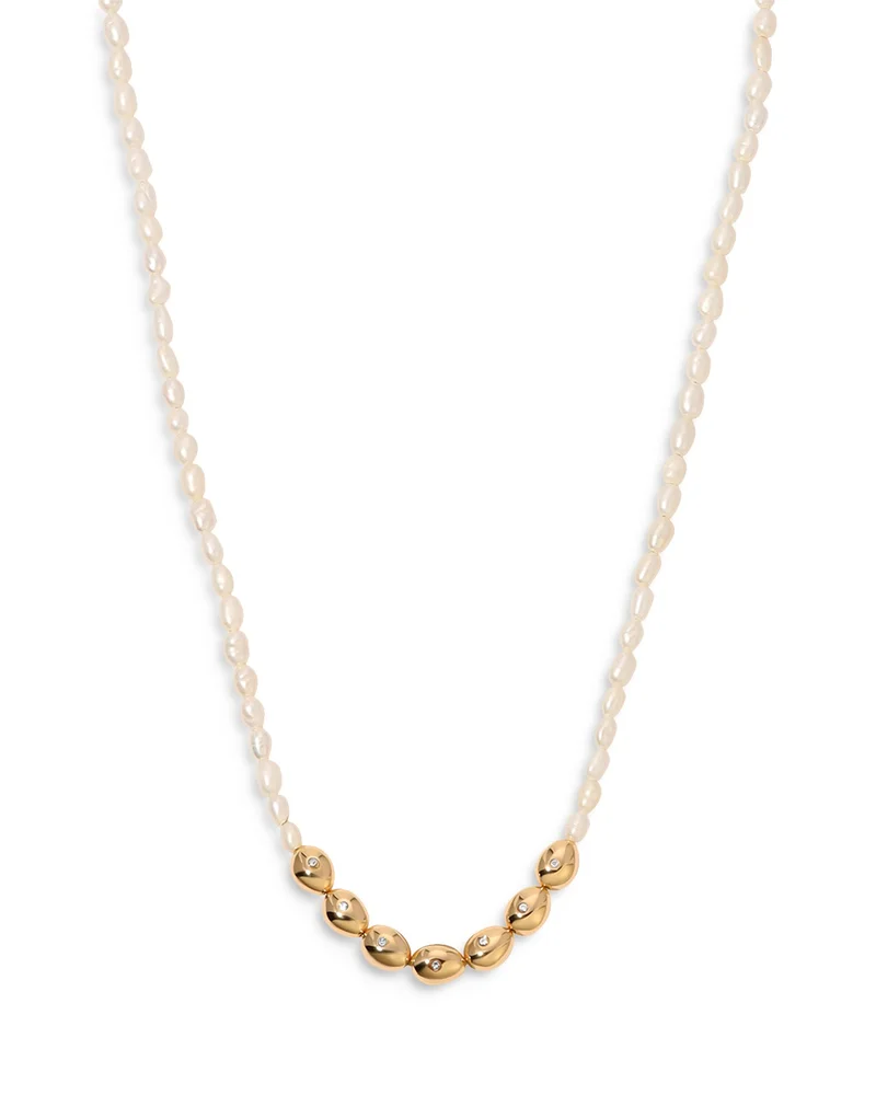Pavé & Cultured Freshwater Pearl Polished Pebble Beaded Collar Necklace in 18K Gold Plated, 15"-18"
