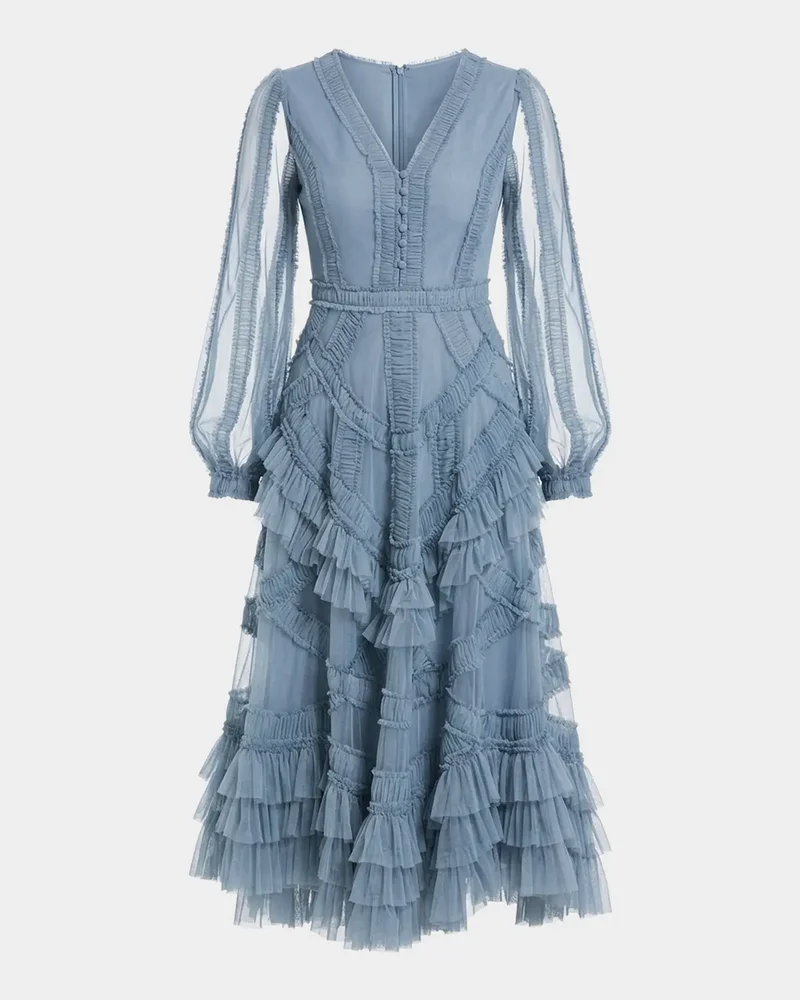 Mesh Micro Ruffle Midi-Dress