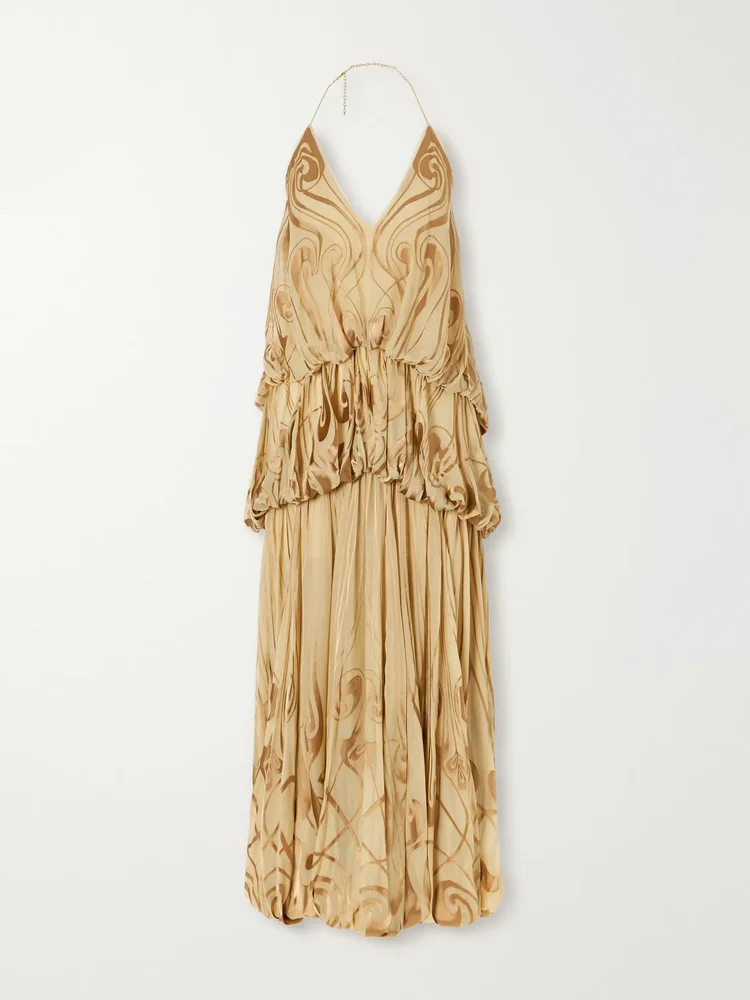Momentum tiered ruffled printed silk-satin halterneck maxi dress