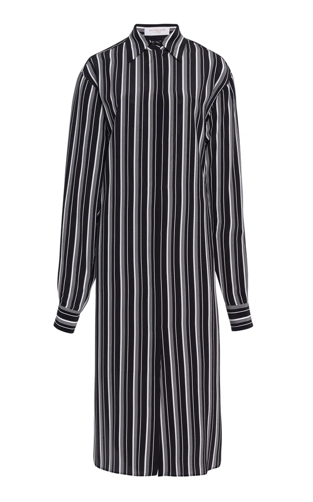 Oversized Striped Crepe de Chine Midi Shirt Dress