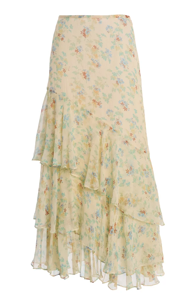 Meadow Floral Crinkled Silk Chiffon Midi Skirt