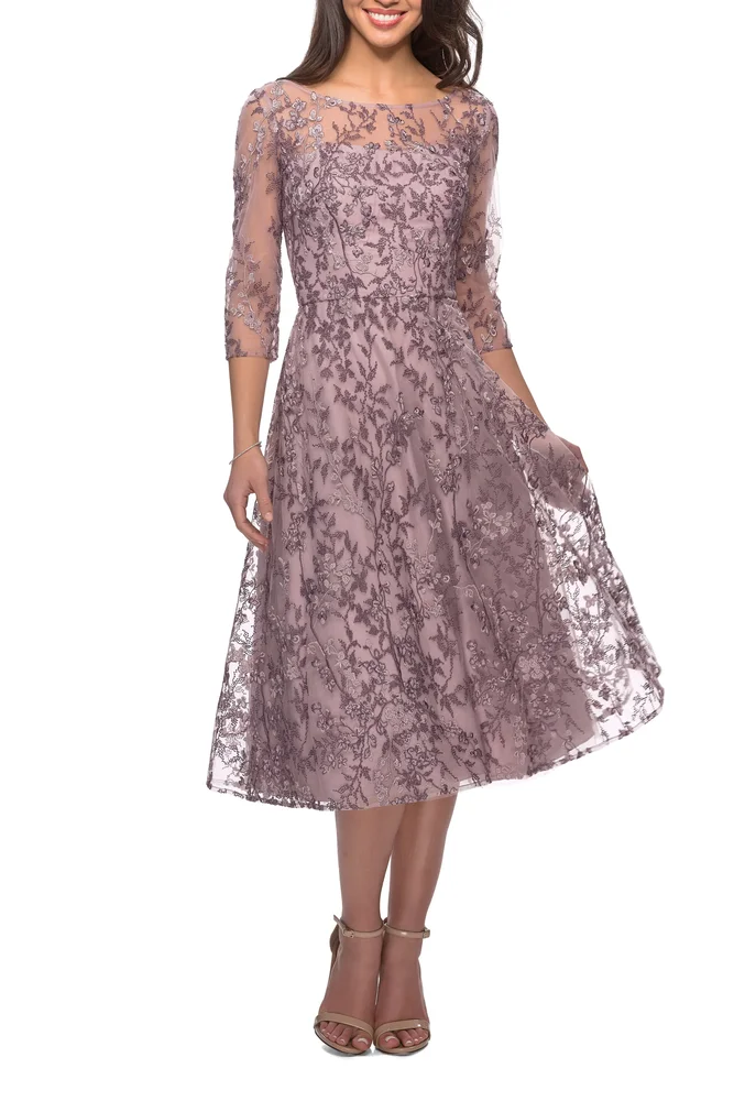 Tea Length Embroidered Dress with Sheer Sleeves