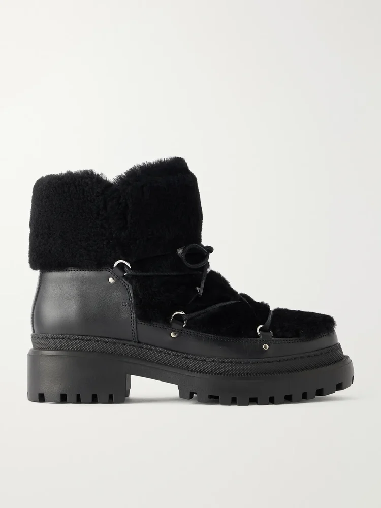 Lace-detailed shearling-trimmed leather ankle boots